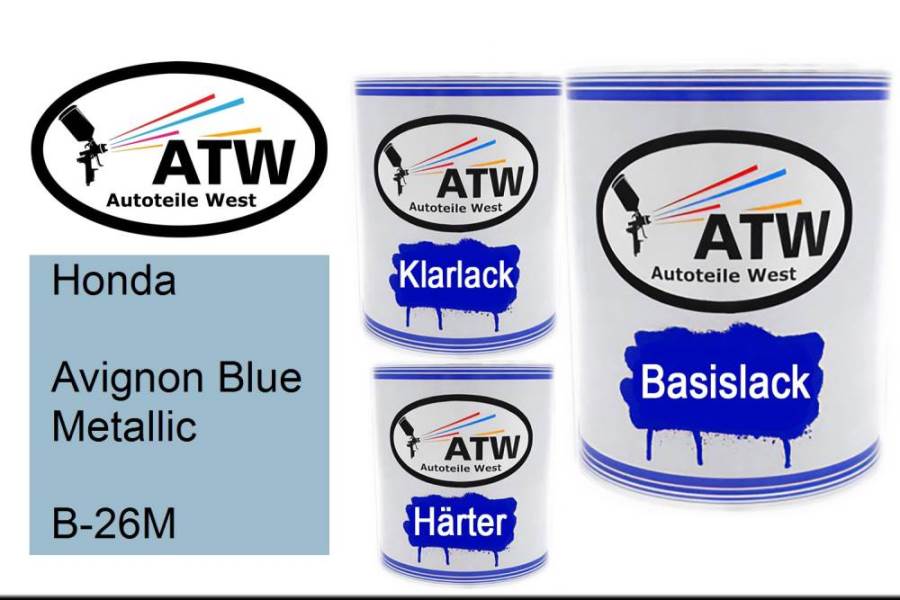 Honda, Avignon Blue Metallic, B-26M: 1L Lackdose + 1L Klarlack + 500ml Härter - Set, von ATW Autoteile West.